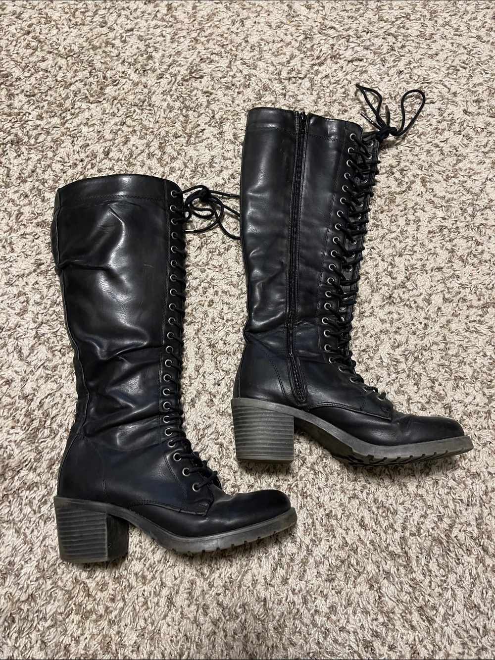 Black Lace-Up Knee-High Block Heel Boots